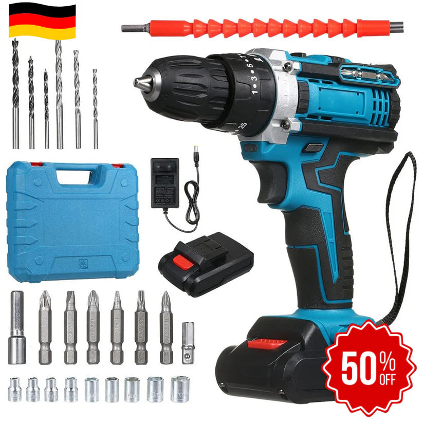 DrillMaster | Elektrická vŕtačka s príklepom a batériou (Kompletná nemecká sada)