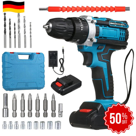 DrillMaster | Elektrická vŕtačka s príklepom a batériou (Kompletná nemecká sada)