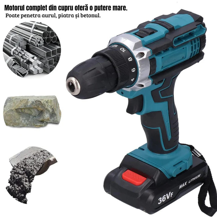 DrillMaster | Elektrická vŕtačka s príklepom a batériou (Kompletná nemecká sada)